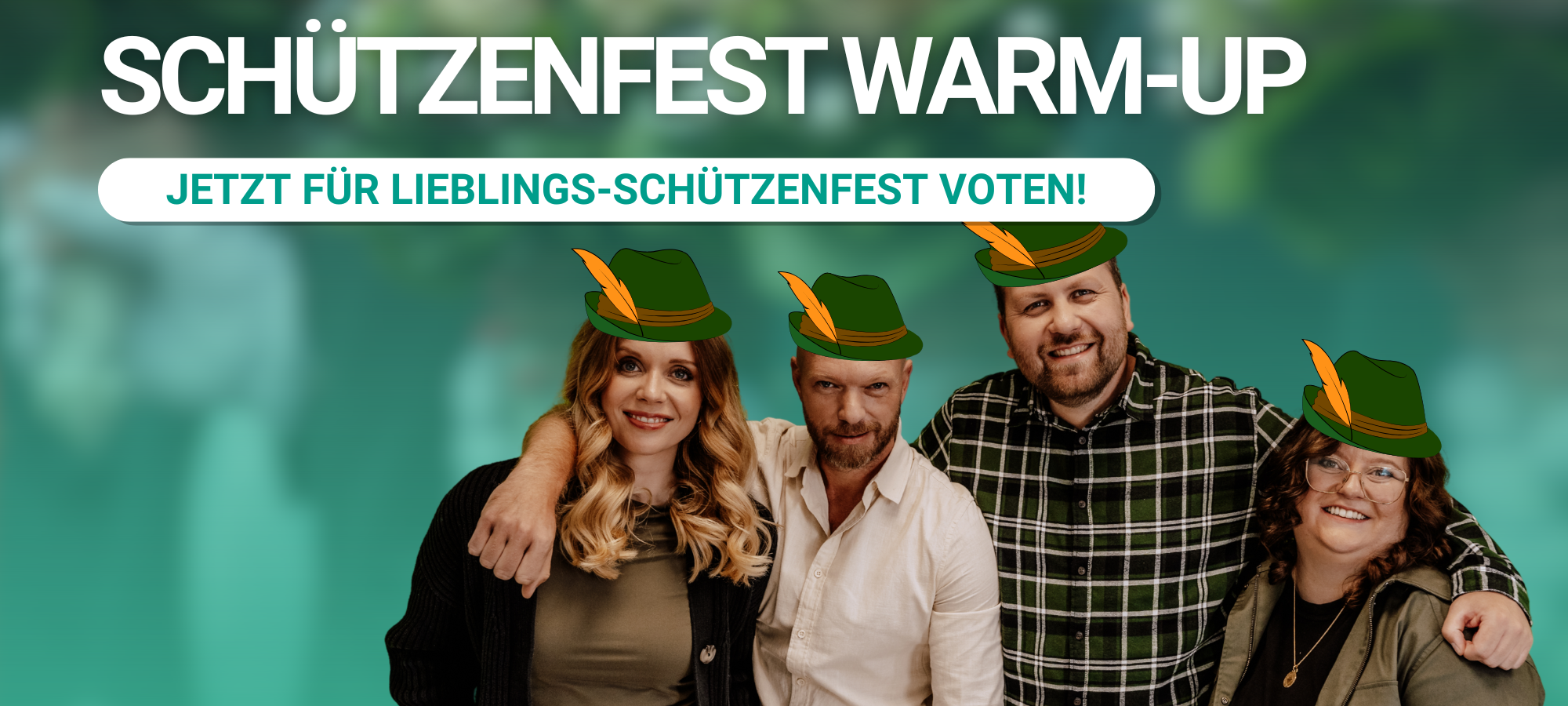 Die Morningshow Moderatoren Eva Schulze-Gabrechten, André Joosten, Sebastian Günther und Friederike Umminger haben Schützenfesthüte auf und werben für die Warm-up-Sendung zur Schützenfest-Saison im Kreis Soest.